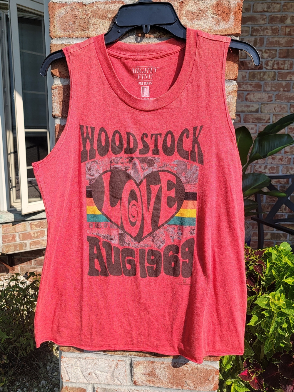 Women's Mighty Fine Woodstock Love Graphic Tank Top - Red with Rainbow Stripe